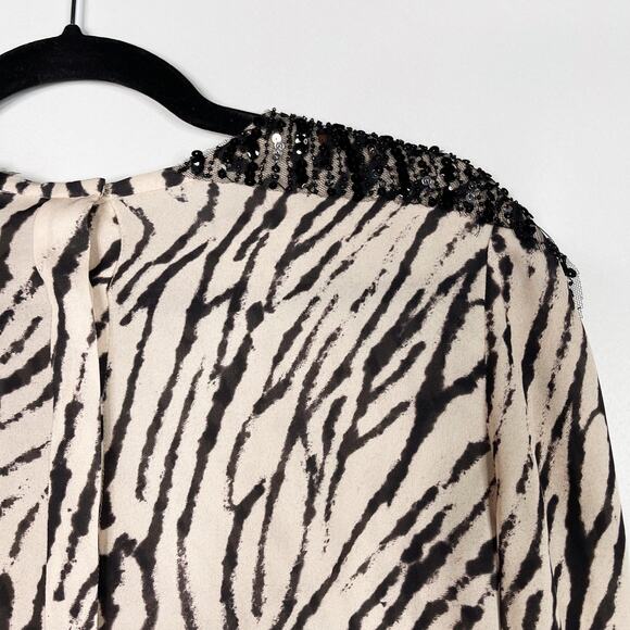 Haute Hippie Small S Silk Zebra Printed Long Sleeve Blouse Sequin Buff Black - Picture 7 of 15